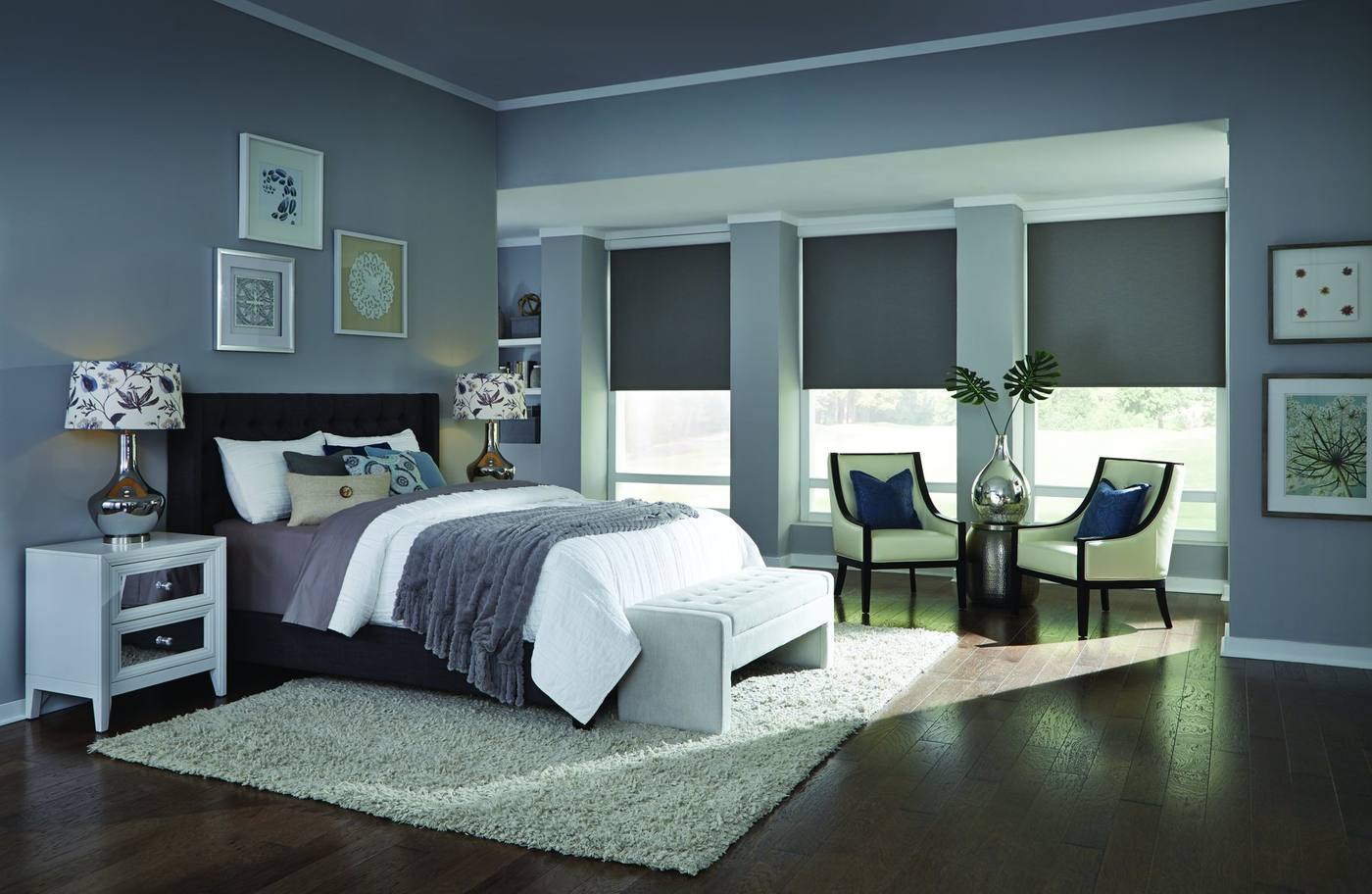 Lutron Sivoia QS blackout shades in a bedroom